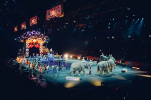 three ring circus filled with performers and elephants