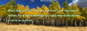 the quote from Shakespeare, "Don't only practice your art, but force your way into its secrets, for it and knowledge can raise men to the divine", against a background of aspen trees and blue sky