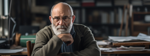older man in a cluttered office looking thoughtful