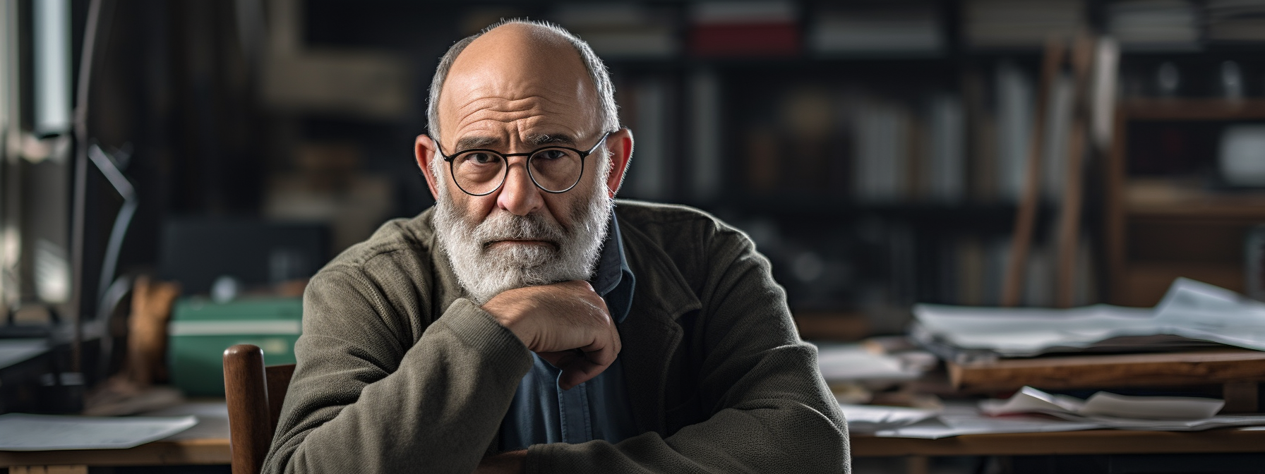 older man in a cluttered office looking thoughtful